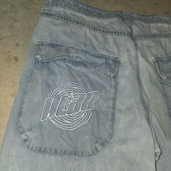 ALAB MEGA WIDE LEG Sz 42 Embroidered Pocket Logo Skater Rave Y2K Grunge Jeans - Picture 3 of 10